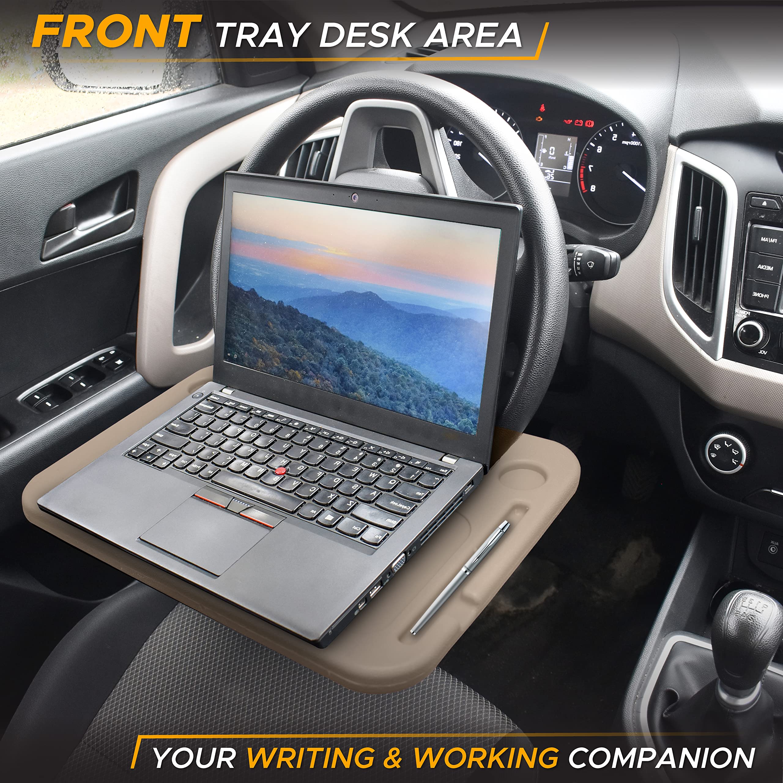 EcoNour beige tray flipped to laptop side with pen slot for quick work benefit