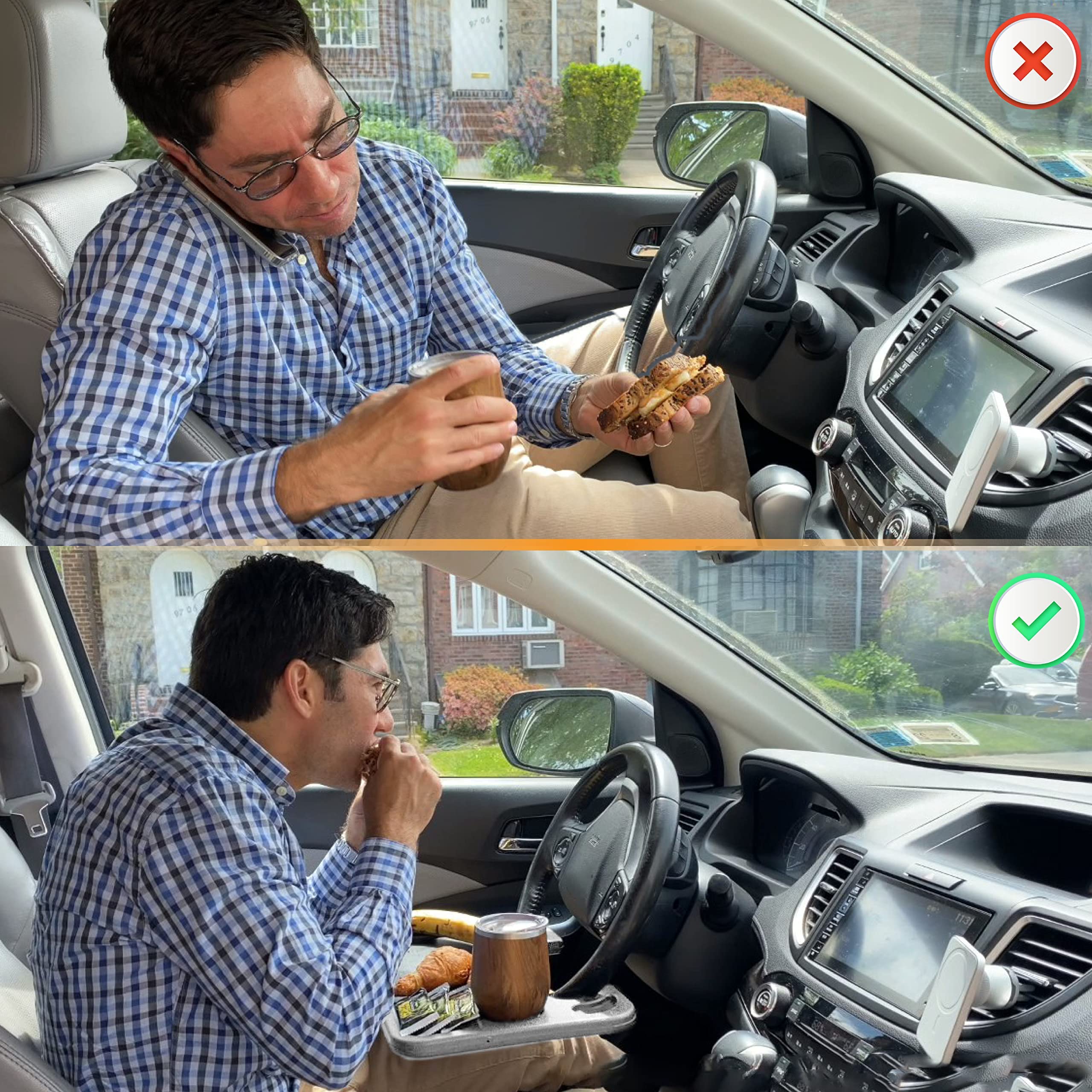 EcoNour tray in car with meal on surface for comfortable eating