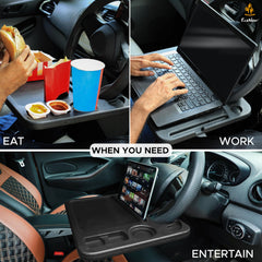 EcoNour tray supporting a laptop for a stable car workspace while parked