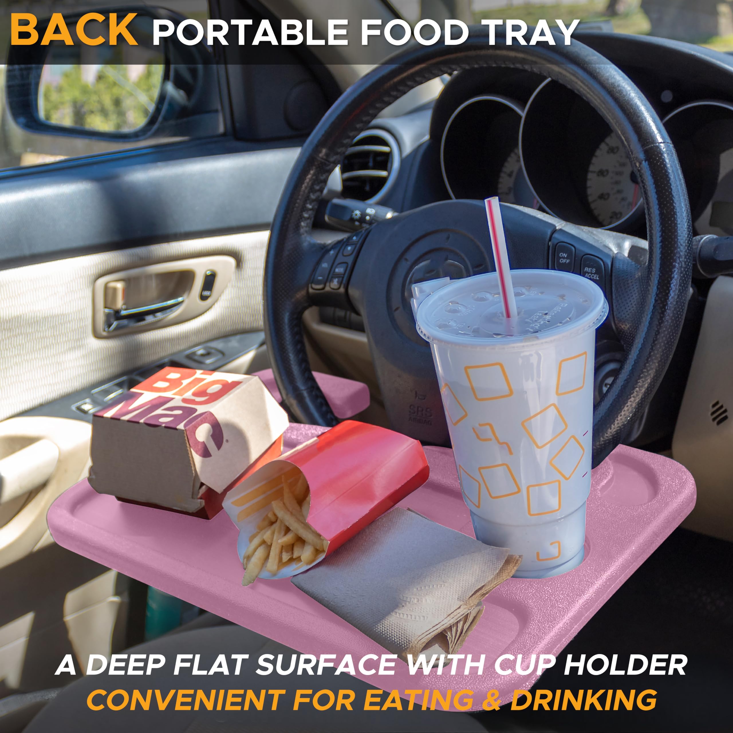 EcoNour tray mounted on steering wheel demonstrates stable hands-free workspace