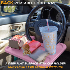 EcoNour tray mounted on steering wheel demonstrates stable hands-free workspace