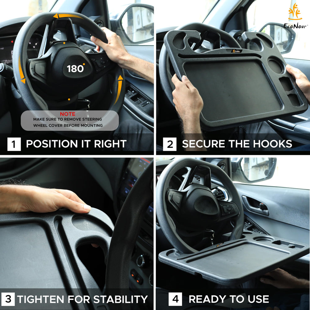 EcoNour side profile showing secure steering wheel attachment for steady support