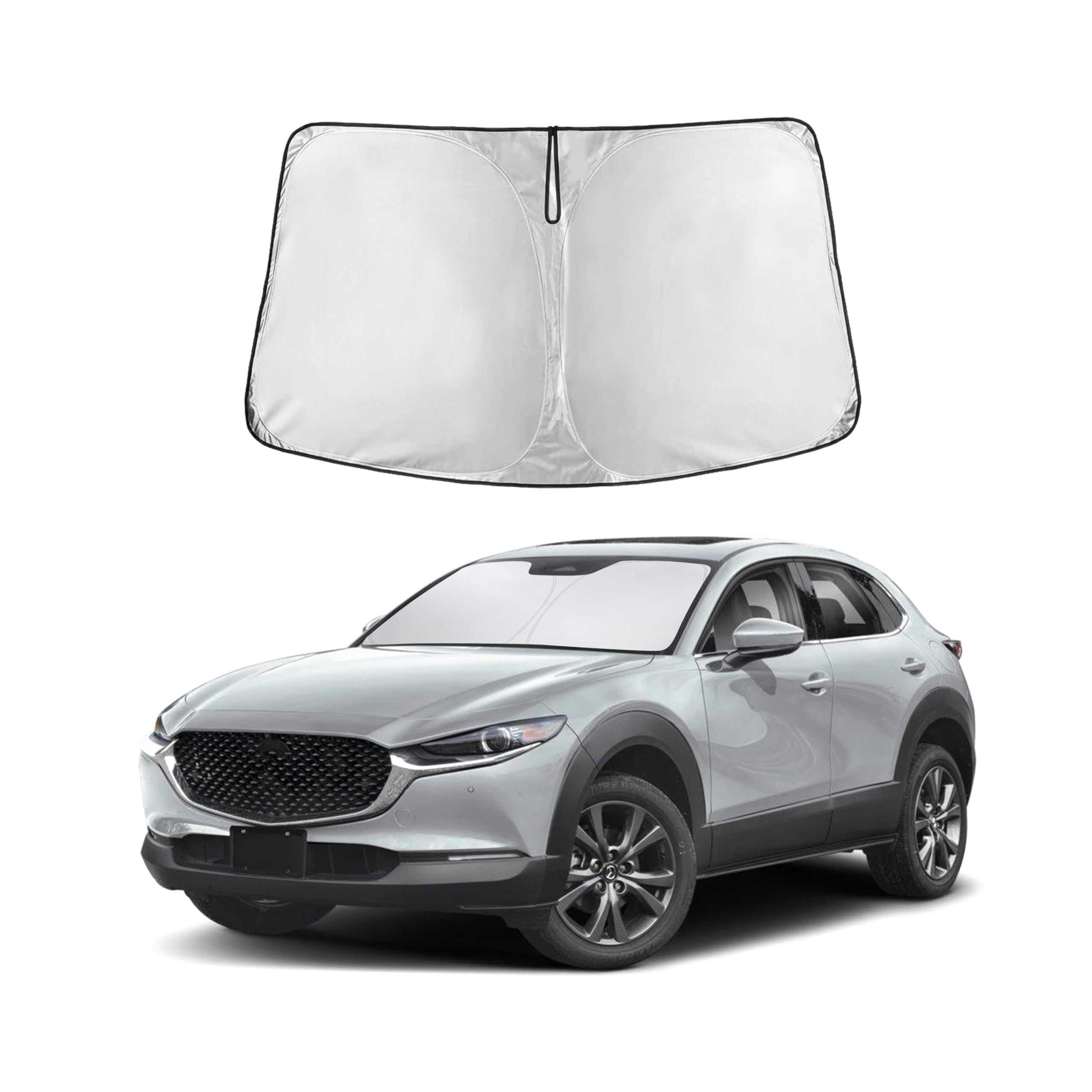 EcoNour front view showing custom fit on Mazda CX-30 windshield, keeps cabin cooler