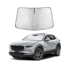 EcoNour front view showing custom fit on Mazda CX-30 windshield, keeps cabin cooler