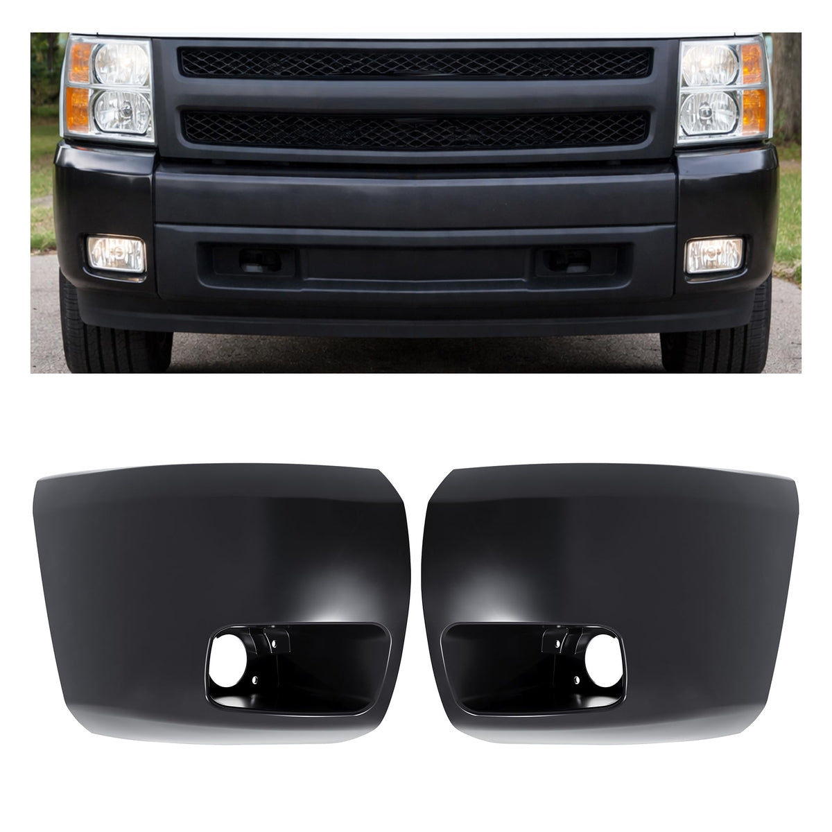 ECOTRIC front bumper end cap pair front view showing OEM fit and ready-to-paint