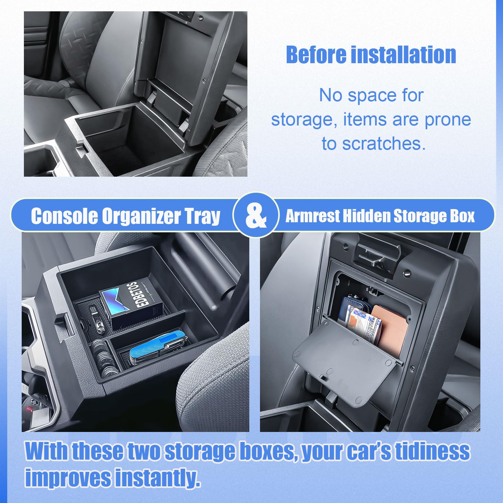 EDBETOS hidden armrest storage box open showing secure, out-of-sight compartment