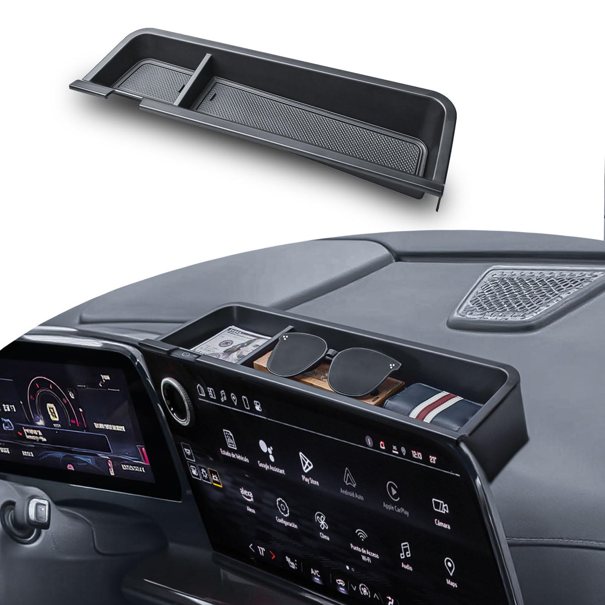 EDBETOS front view of dashboard tray showing sleek fit and added storage benefit