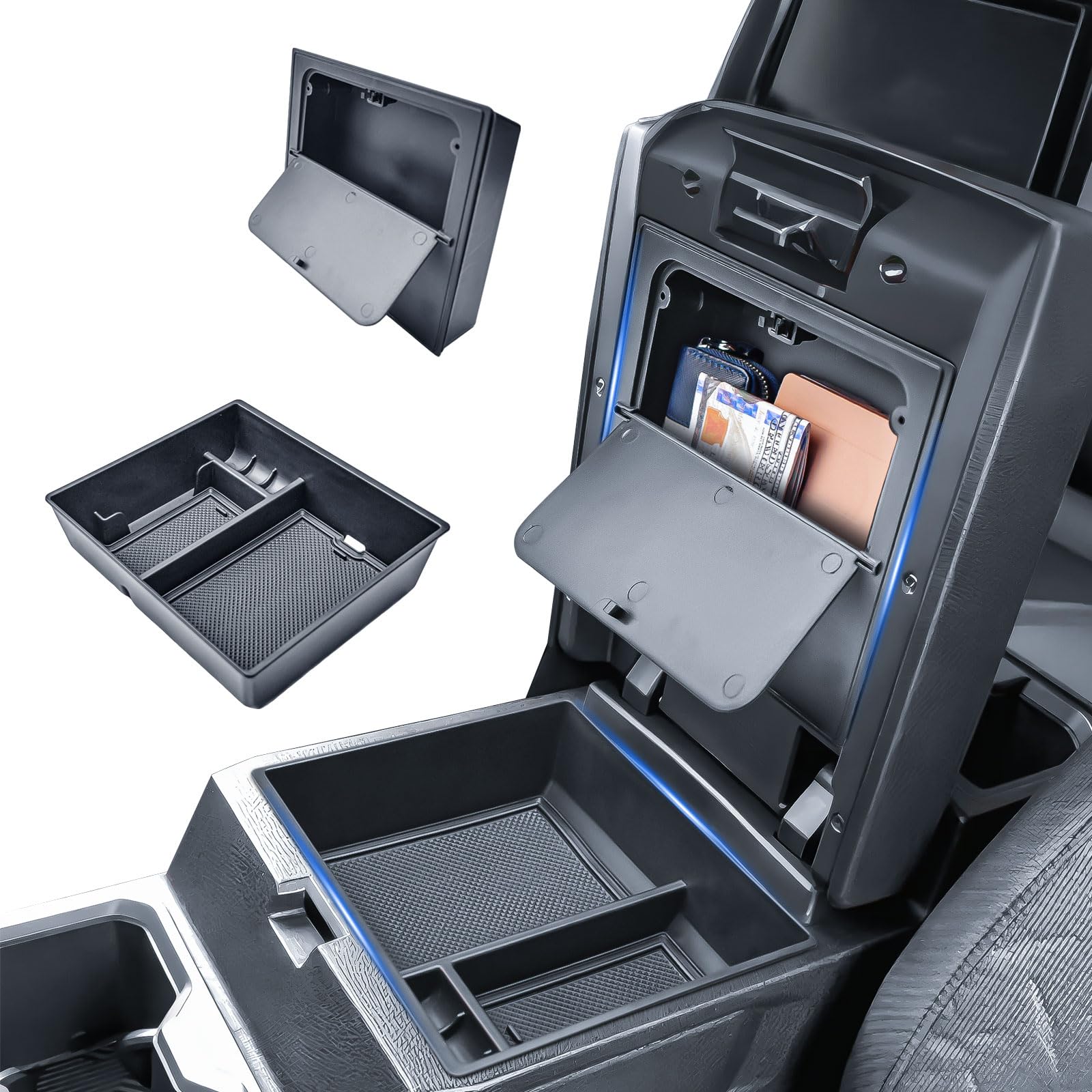 EDBETOS front view of organizer showing neat console division and improved storage