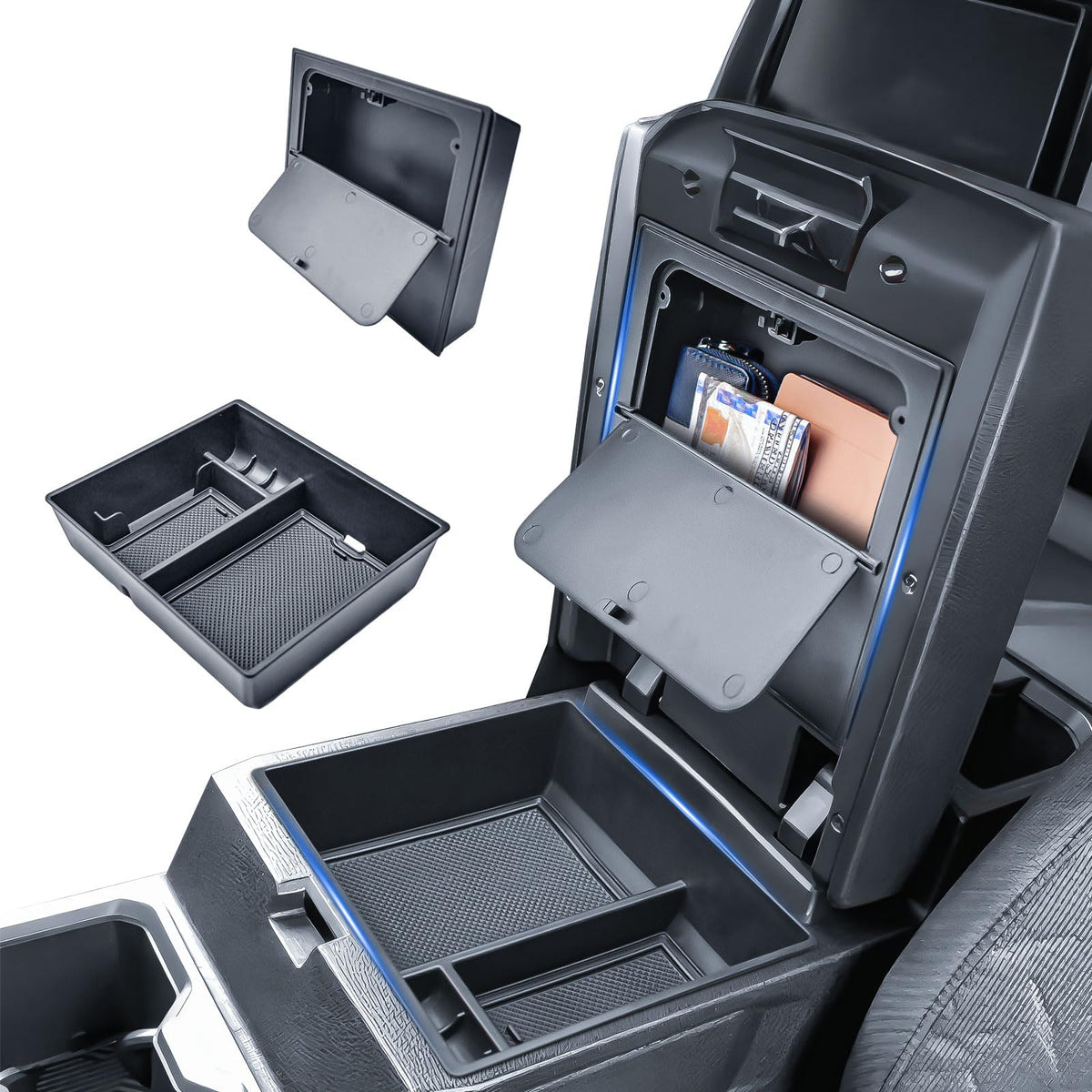 EDBETOS front view of organizer showing neat console division and improved storage