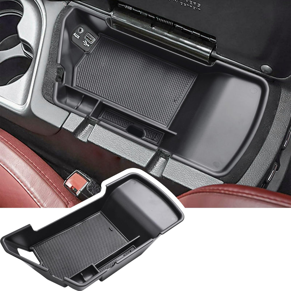 EDBETOS front view of console tray showing organized storage benefit