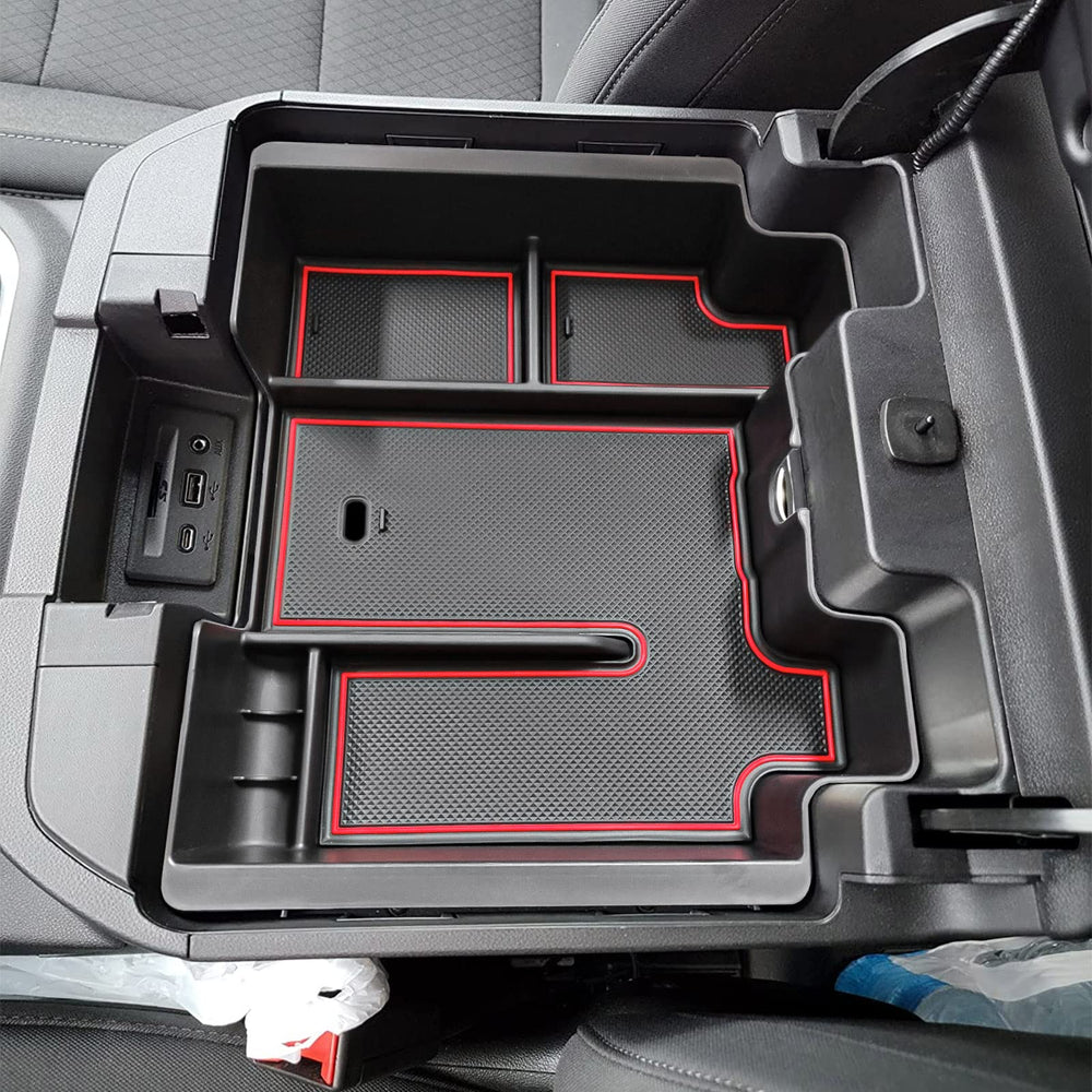 EDBETOS front view of console tray showing organized storage and quick access