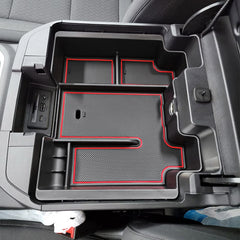 EDBETOS front view of console tray showing organized storage and quick access