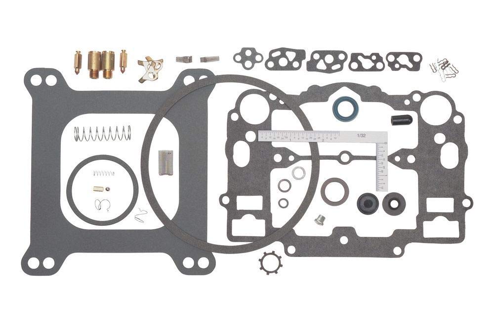 Edelbrock 1477 rebuild kit laid out showing gaskets and seals for reliable restoration