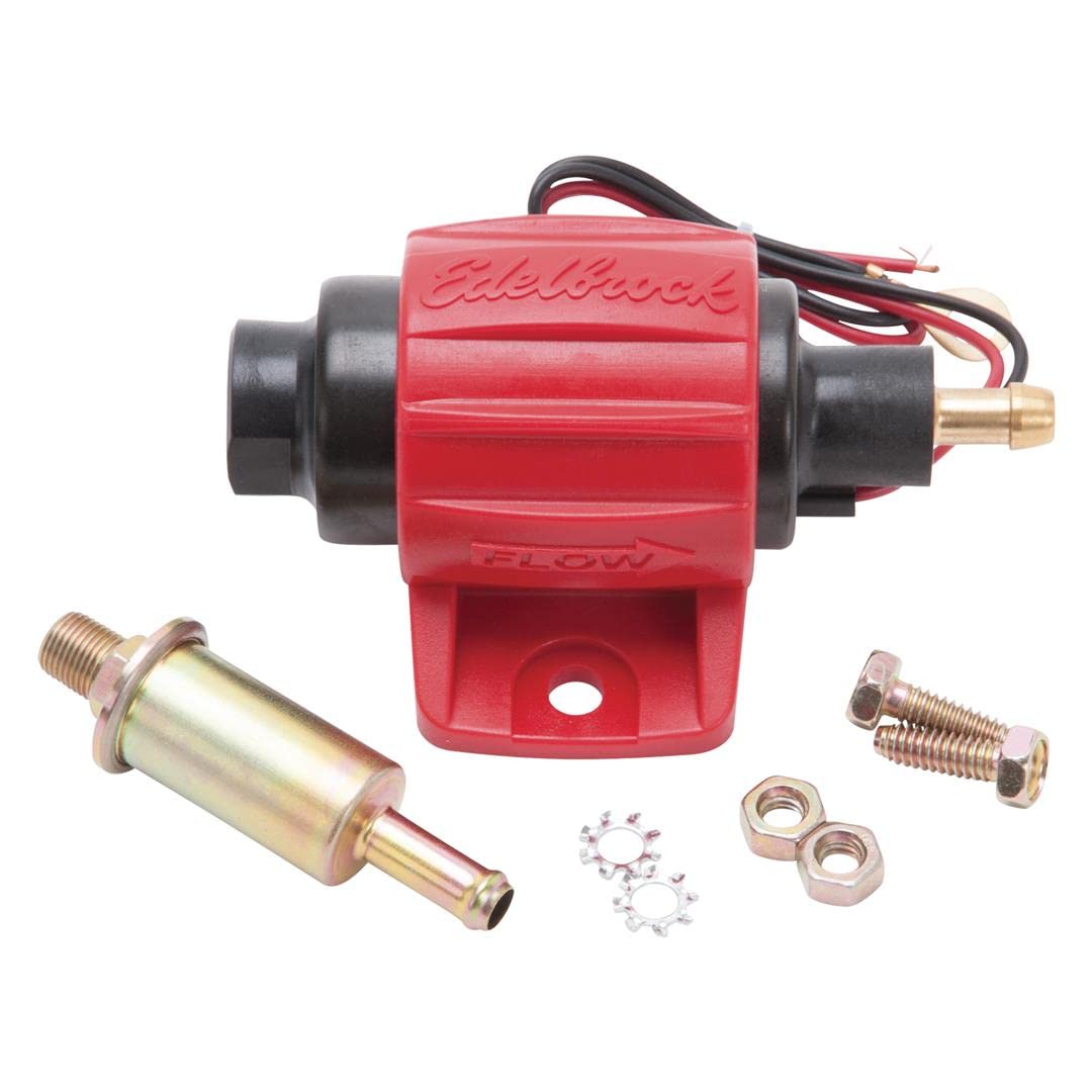 Edelbrock red pump front view showing compact design and easy installation