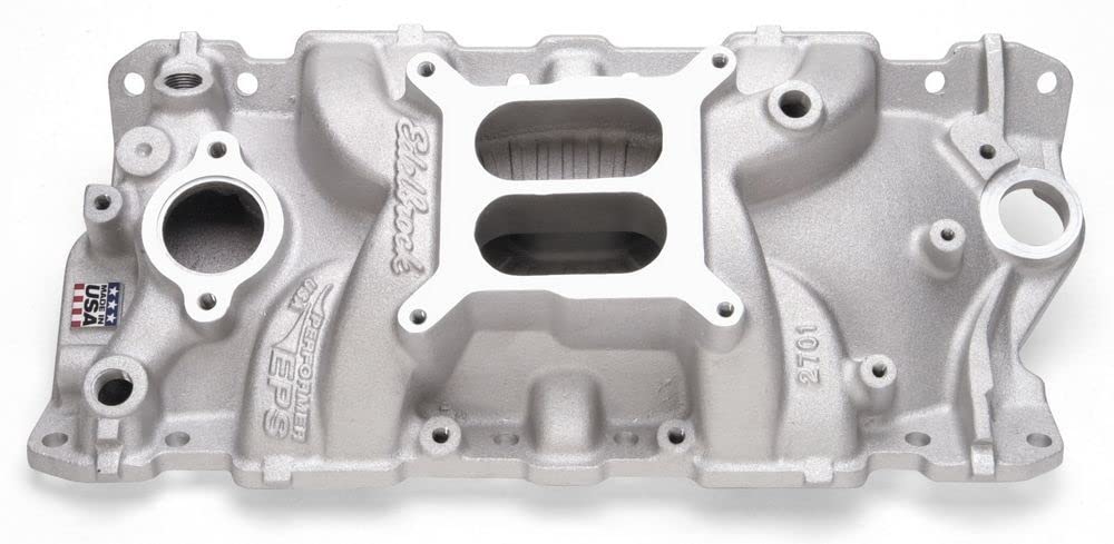 Edelbrock 2701 front view showing ports and finish, boosting midrange power