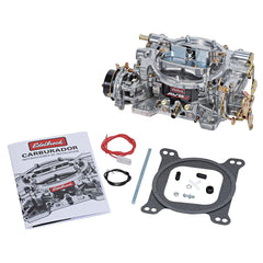 Edelbrock AVS2 front view showing satin finish and four-barrel layout for performance