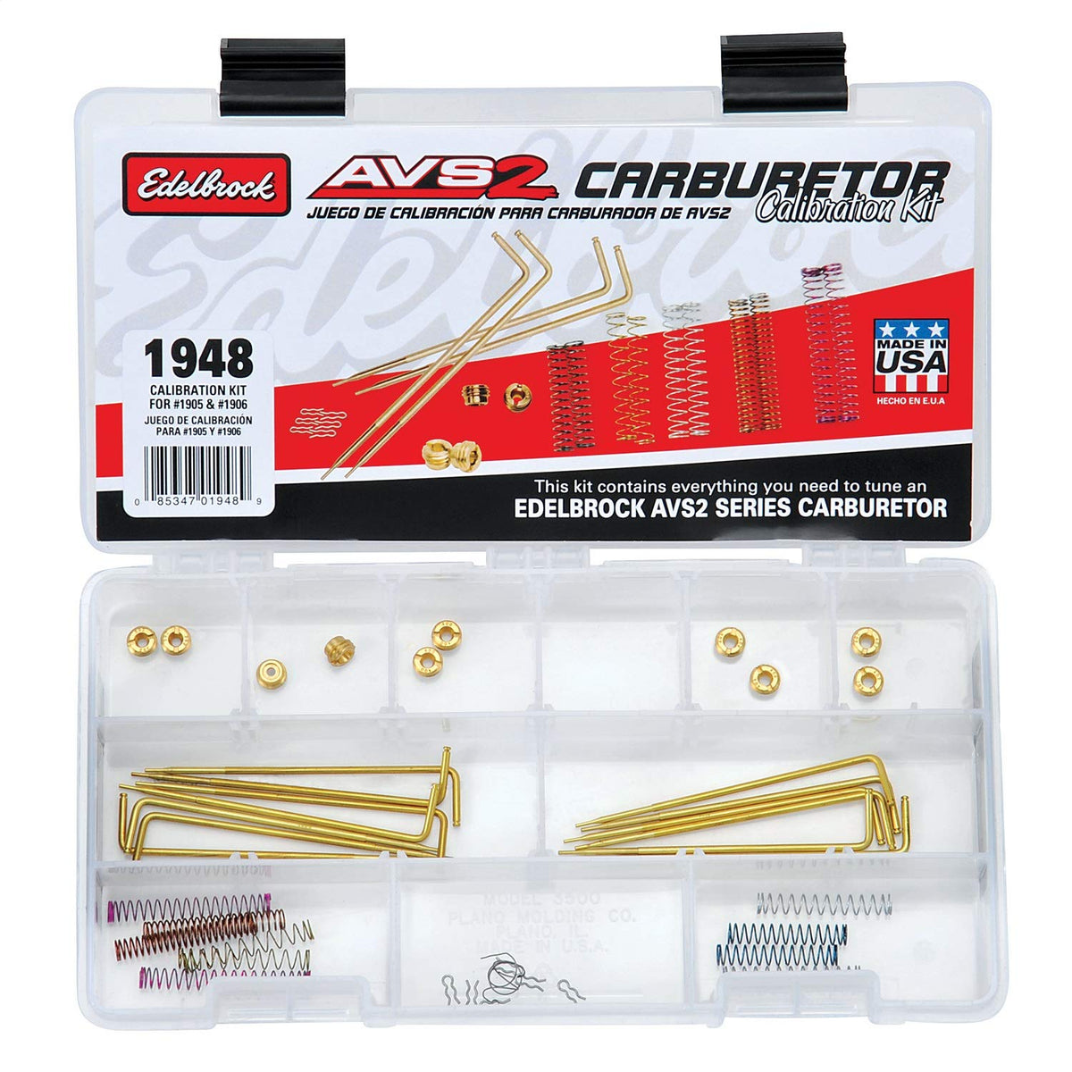Edelbrock calibration kit front view showing included parts and clear kit layout for precise setup