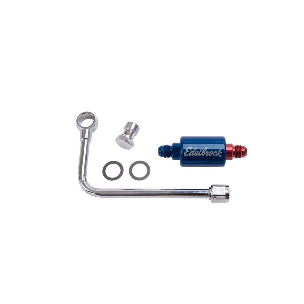 Edelbrock chrome fuel line front view shows clean plumbing and easy fitment