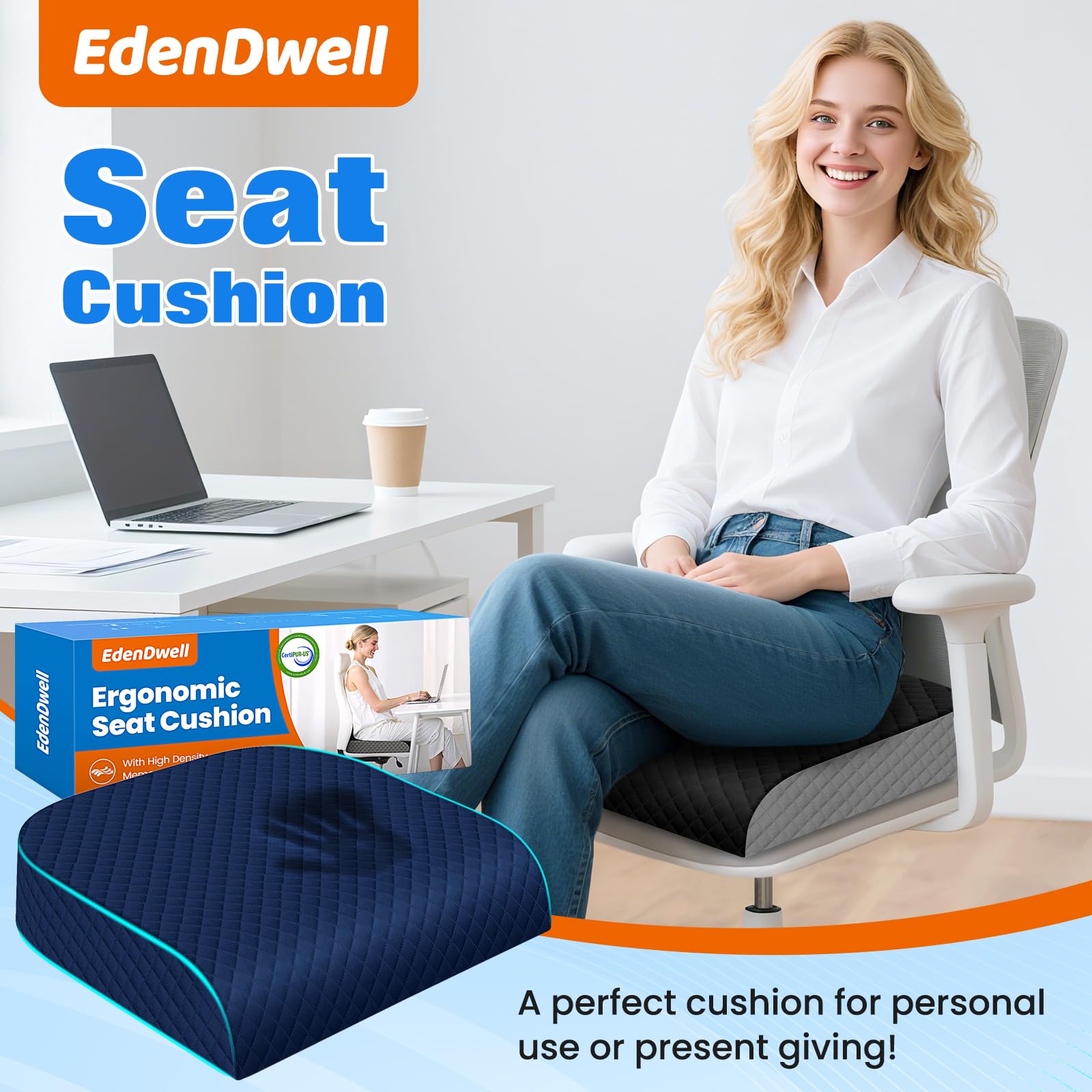 EdenDwell cushion on office chair in workspace for extended comfortable sitting