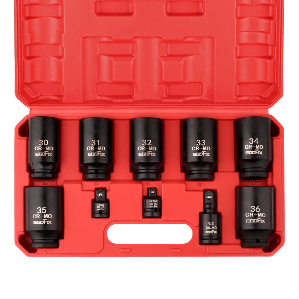 EGOFIX front packaging showing complete 10-piece axle nut socket set and benefits