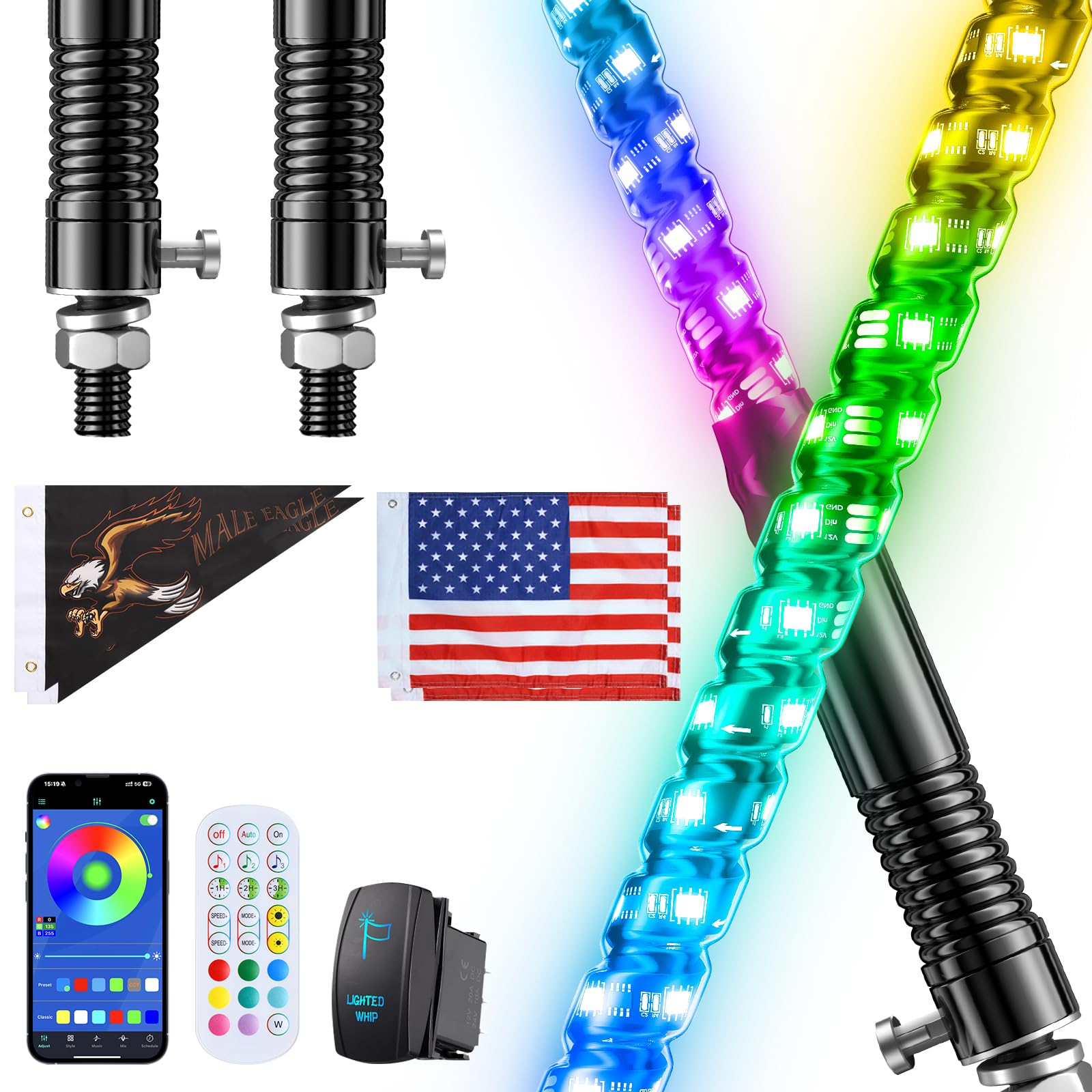 Ehaho front view dual whips showing bright RGB visibility and style