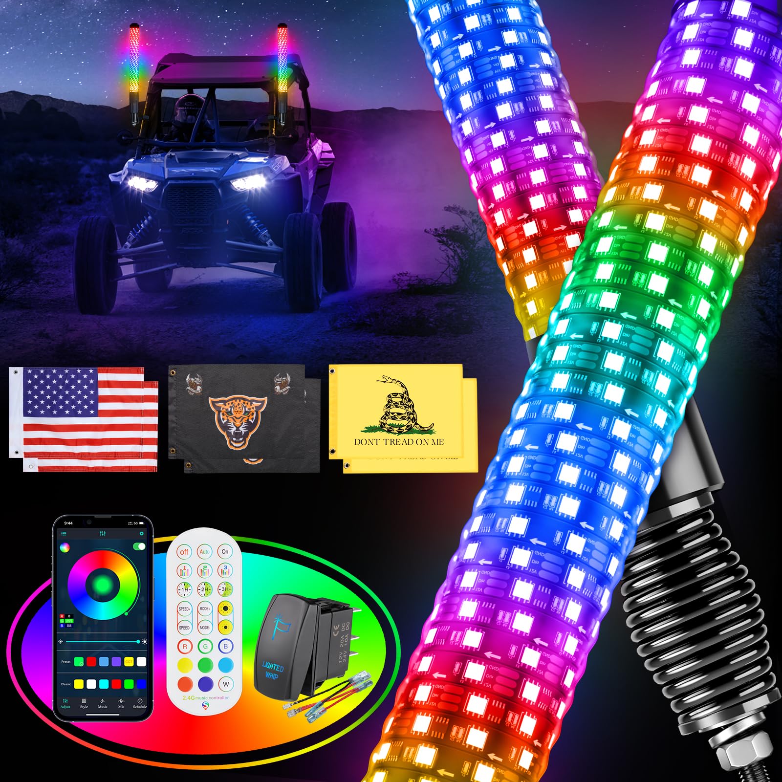 Ehaho front view pair of 2FT fat whip lights showing bright RGB glow for visibility