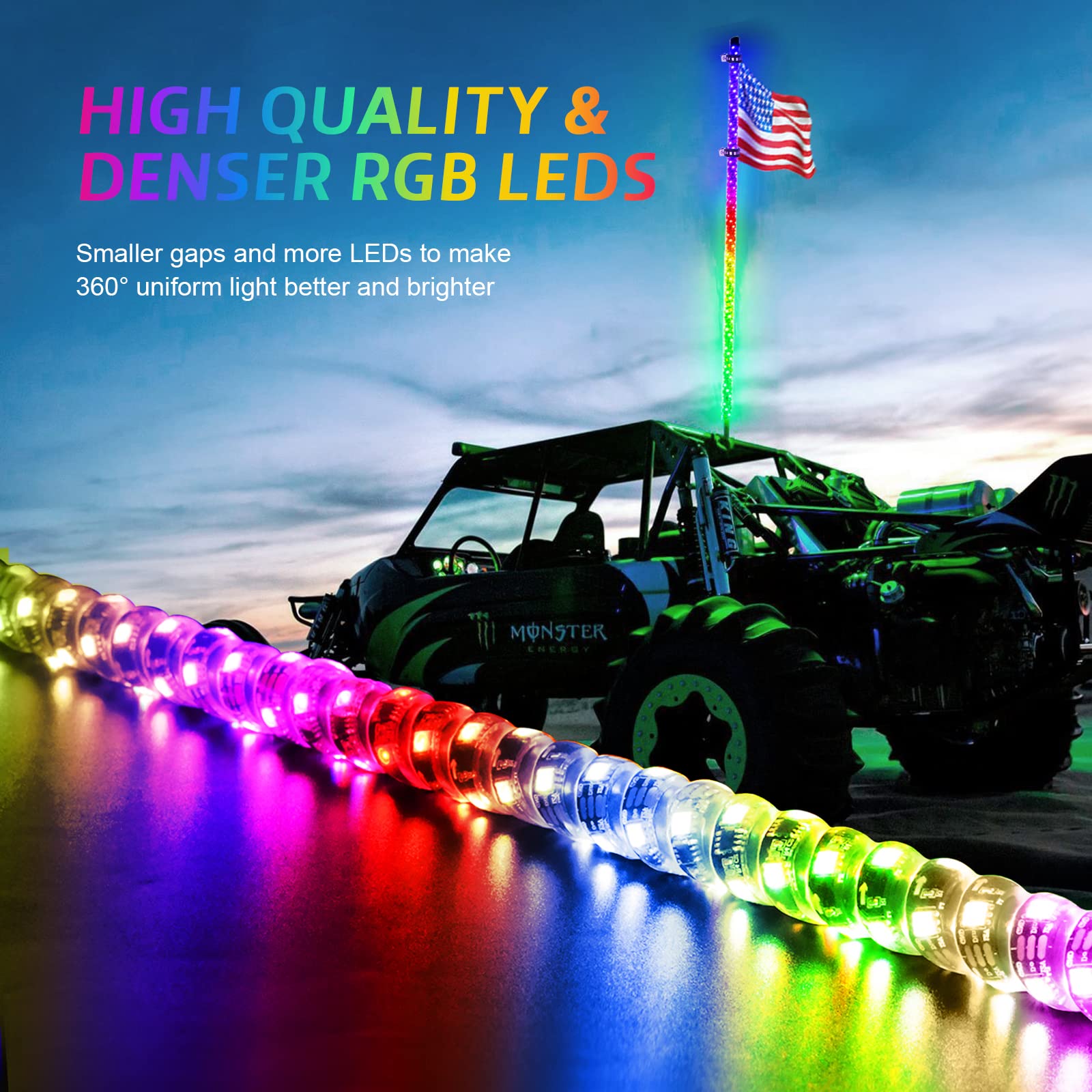 Ehaho whips installed on UTV side view showing improved visibility and stylish illumination