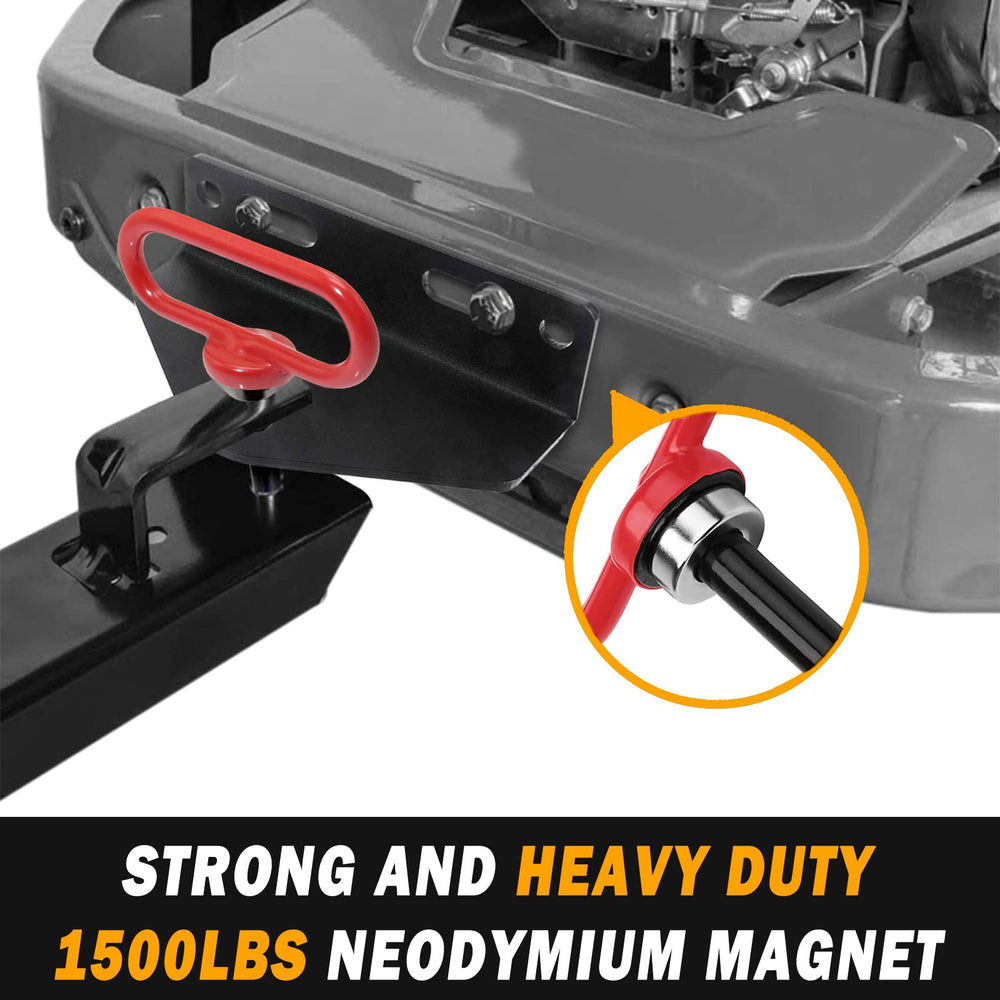 EilxMag pin installed on a lawn tractor for quick one-handed attachment benefit