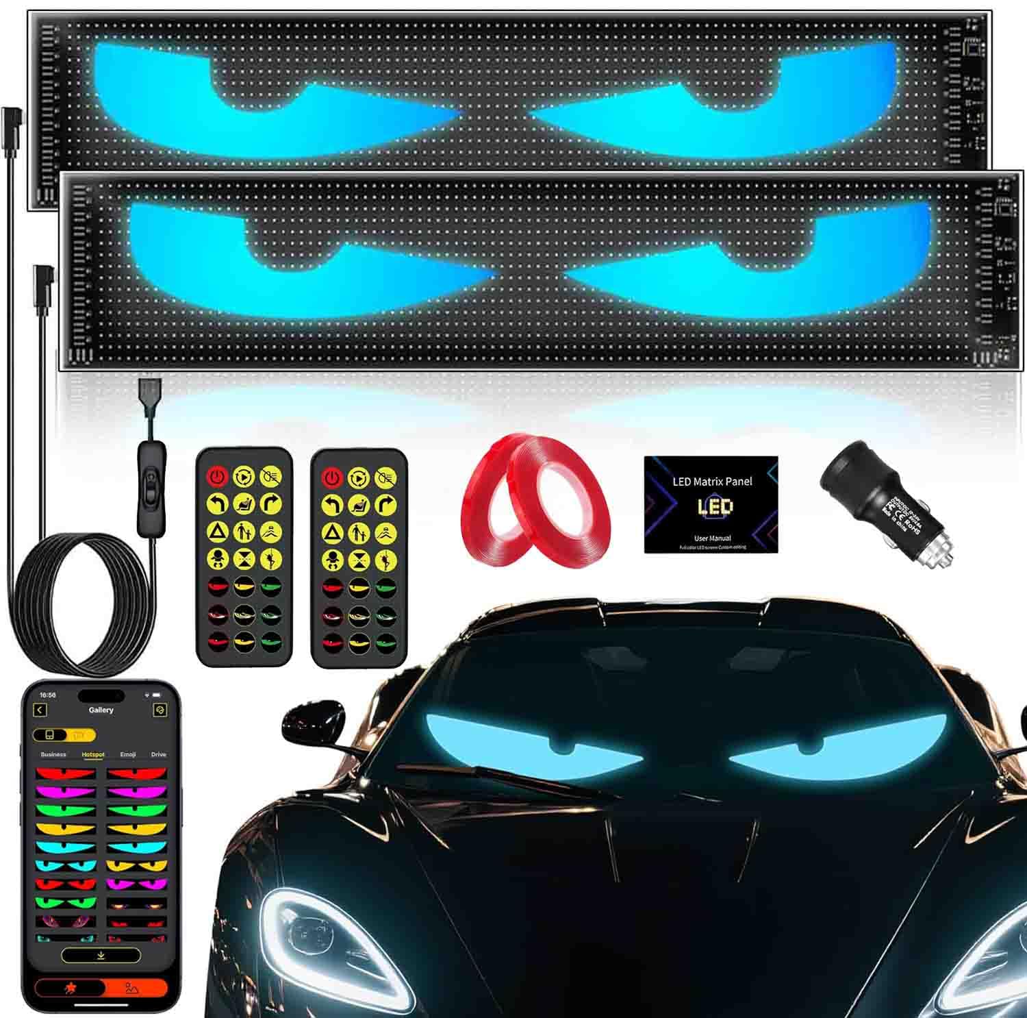 EJ's SUPER CAR front view of two 23x5 inch devil eyes panels showing full design and symmetry benefit