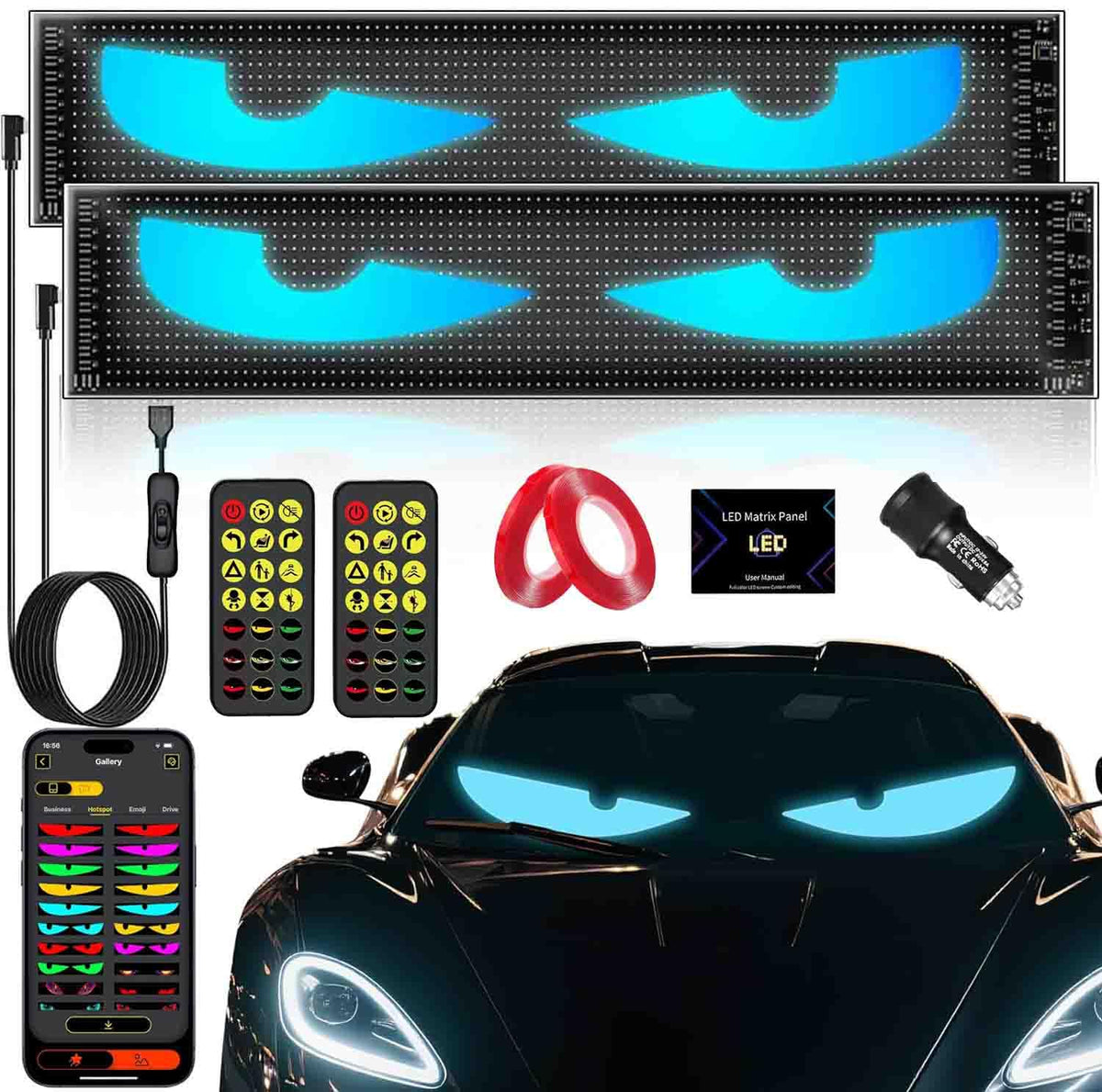 EJ's SUPER CAR front view of two 23x5 inch devil eyes panels showing full design and symmetry benefit