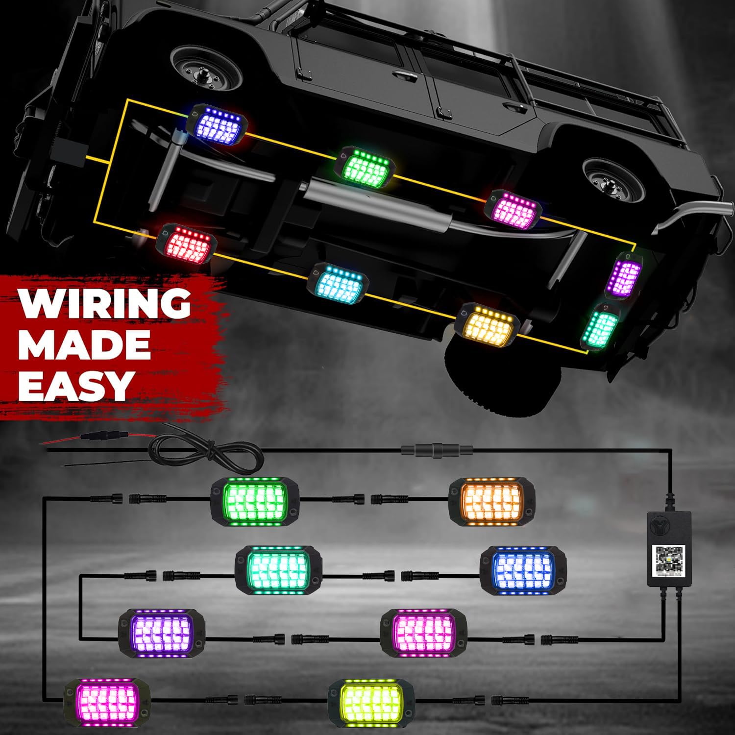 EJ's SUPER CAR rock lights pulsing to music to create dynamic light shows
