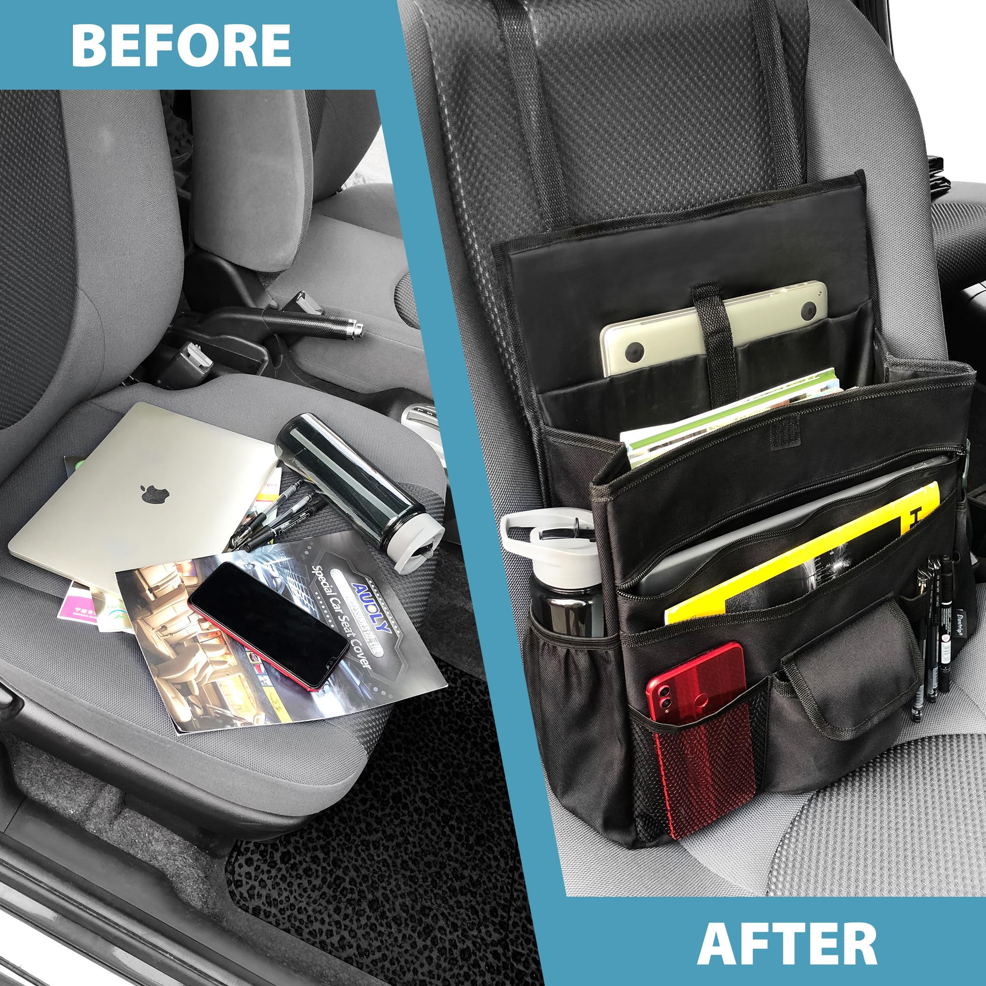 Elantrip installed on a car front seat for easy reach and clutter control