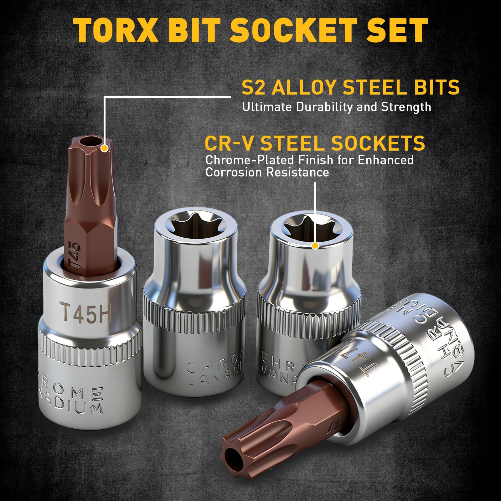 ELEAD E-Torx and Torx bit sockets displayed for compatibility with specialty plugs