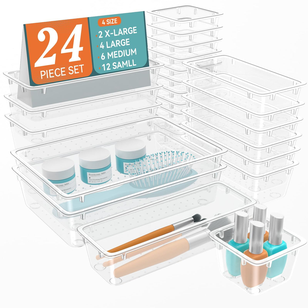 ElegantArray full set laid out showing all 24 clear organizer trays for easy sorting