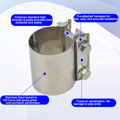 eLifecenter clamp installed on an exhaust pipe illustrating leak reduction and vibration resistance