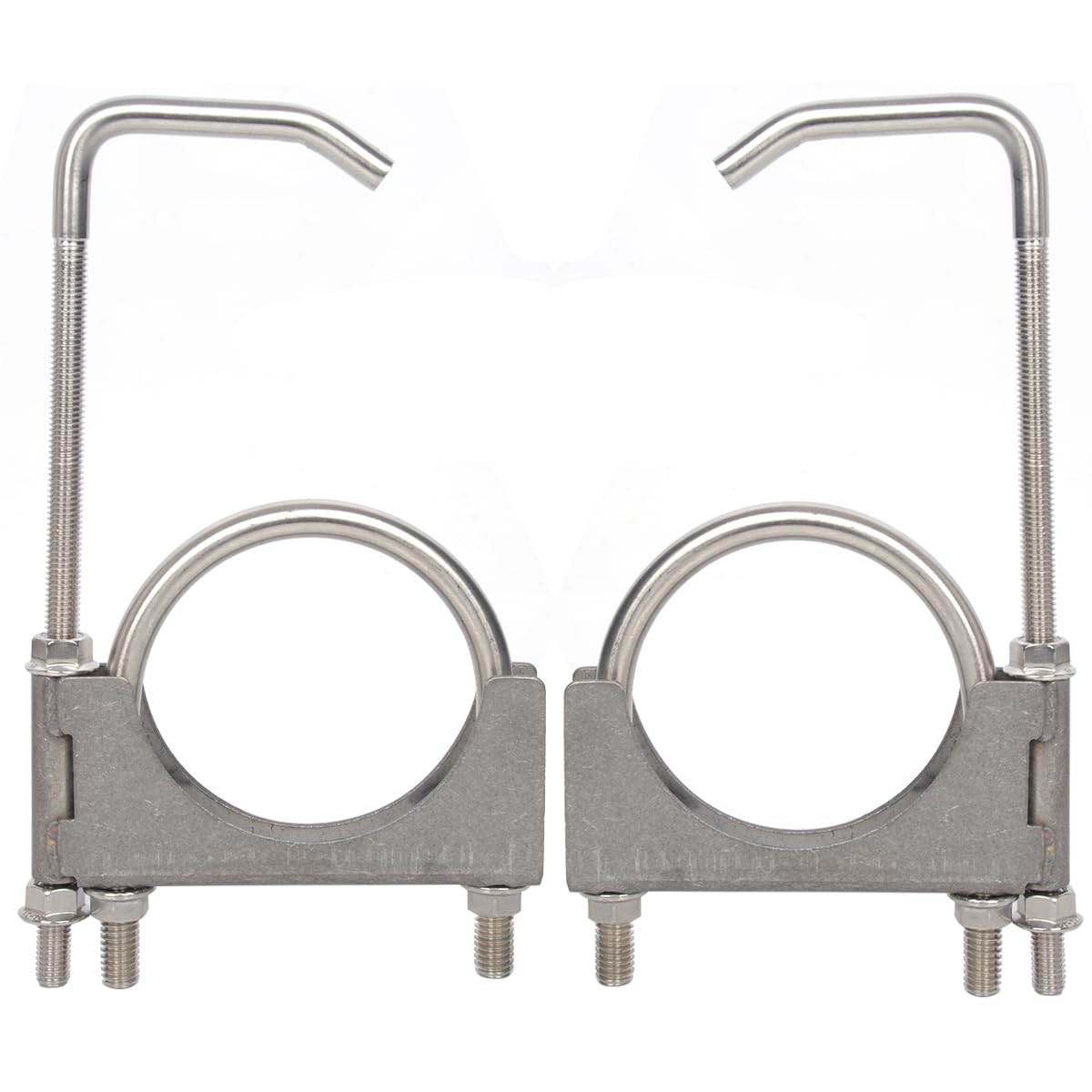 eLifecenter front view of 4 inch exhaust clamp pair showing durable stainless finish and nuts
