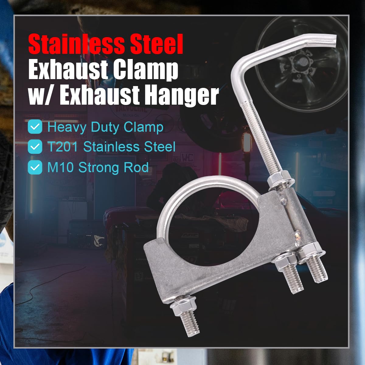 eLifecenter clamp mounted on vehicle exhaust demonstrating secure, wobble-free support