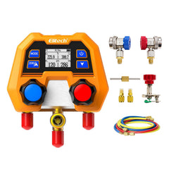 Elitech front view showing compact manifold gauge and controls for fast diagnostics