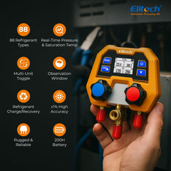 Elitech DMG-2SE side ports with hose connections for multiple refrigerant lines and quick hookup