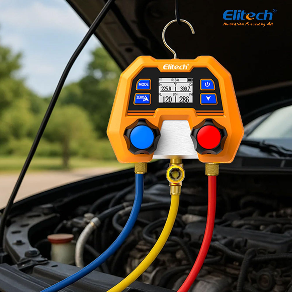 Elitech DMG-2SE on a jobsite table next to tools illustrating professional use and durability