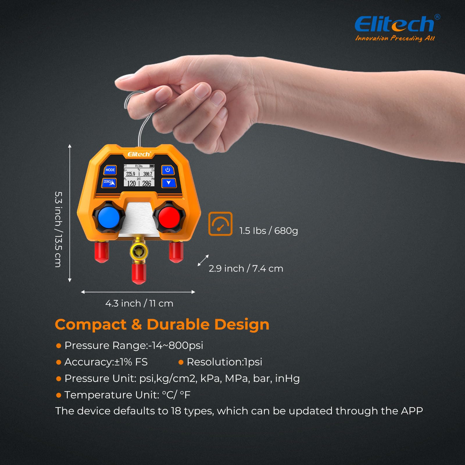 Elitech DMG-2SE held in a hand for size comparison and convenient pocket portability