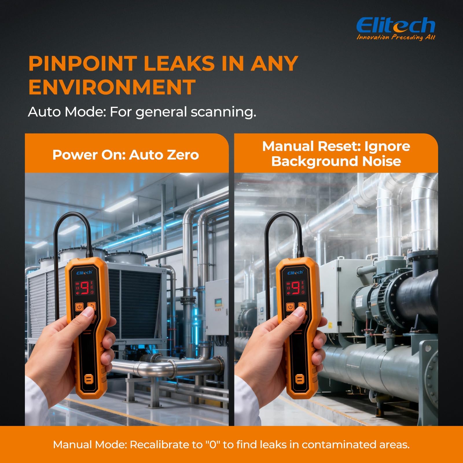 Elitech detector in use on a car A/C system locating refrigerant leaks efficiently