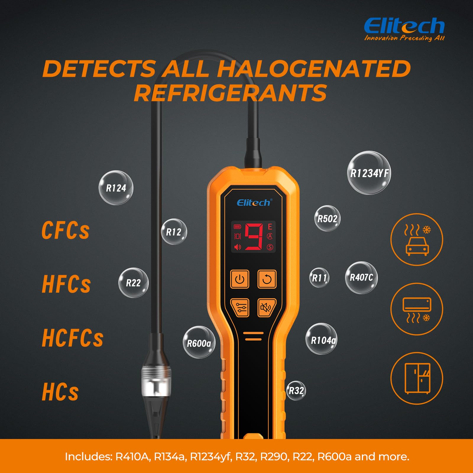 Elitech detector held in hand for size scale and easy portable inspection benefit