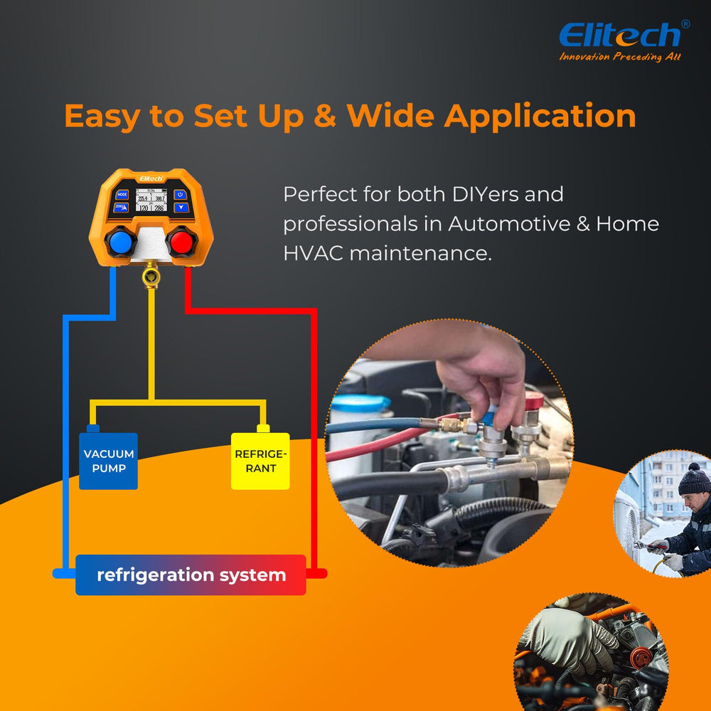 Elitech hose connected to refrigerant cylinder and scale for precise charging