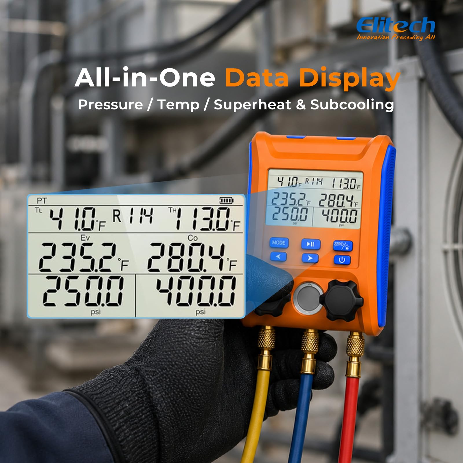 Elitech LMG-10W display close-up showing readings for clearer job decisions