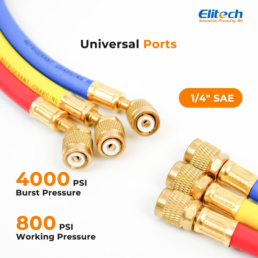 Elitech LMG-10W hose connections with ports for multi-refrigerant charging