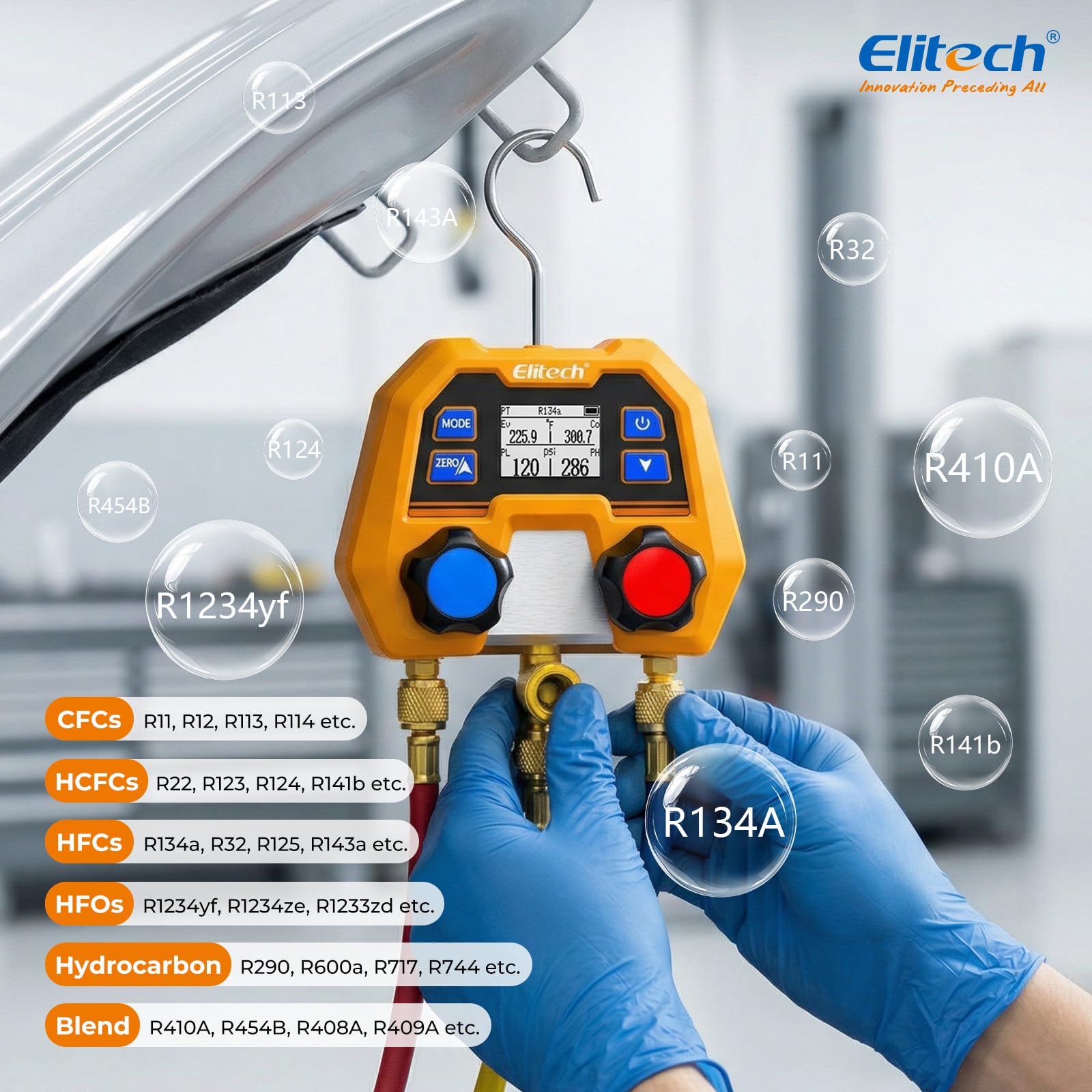 Elitech manifold connected to an air conditioner for accurate on-site readings