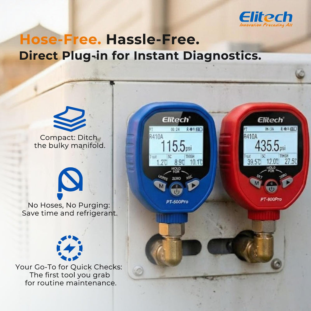Elitech PT-500 low-side gauge close-up showing clear display for precise readings