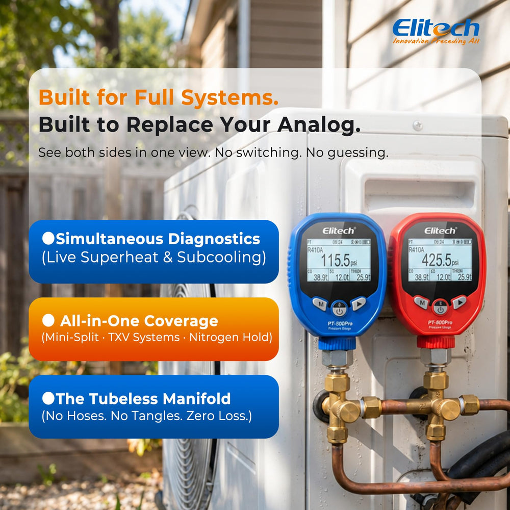 Elitech PT-800 high-side gauge close-up showing robust build and easy readout