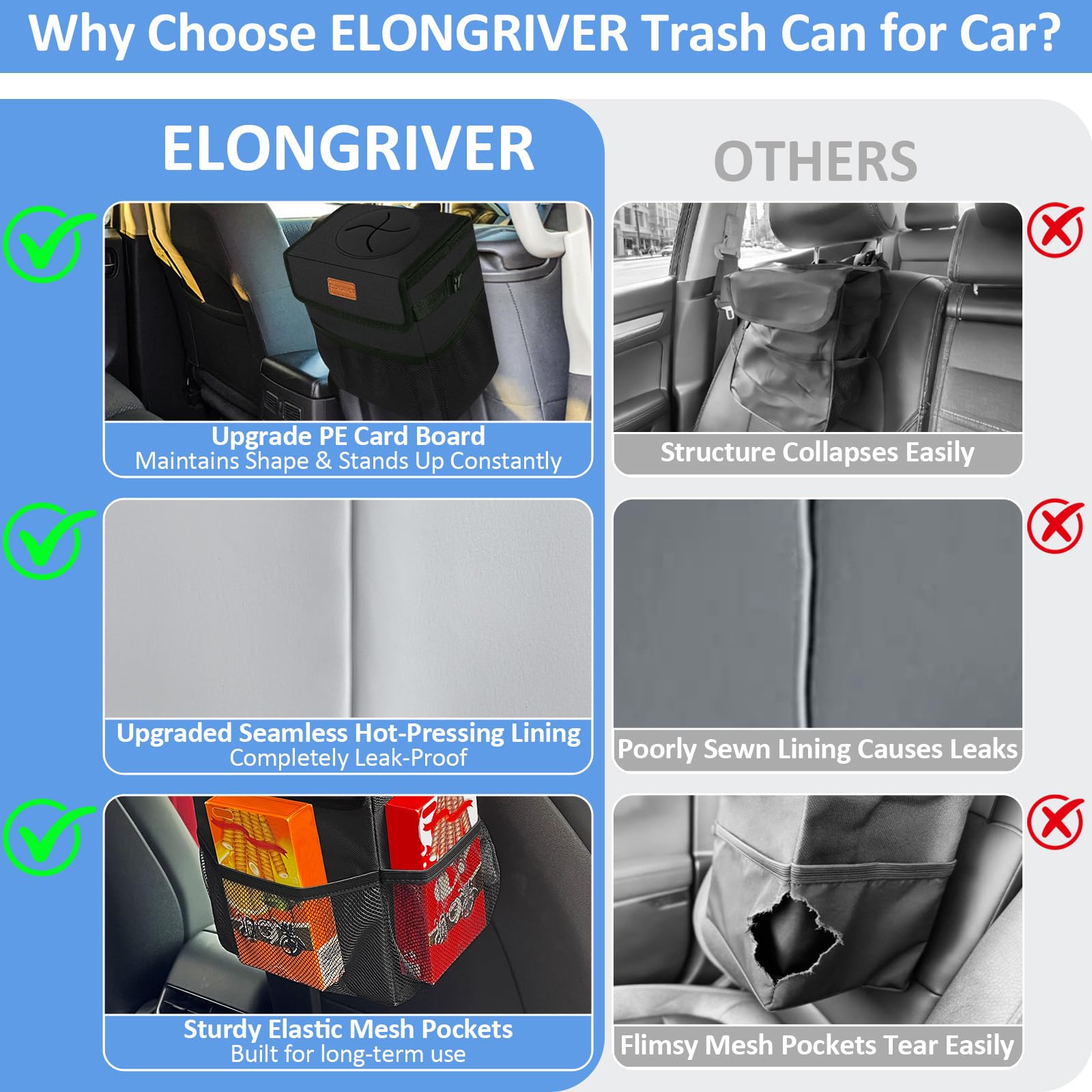 ELONGRIVER hanging on headrest with adjustable strap for secure placement benefit